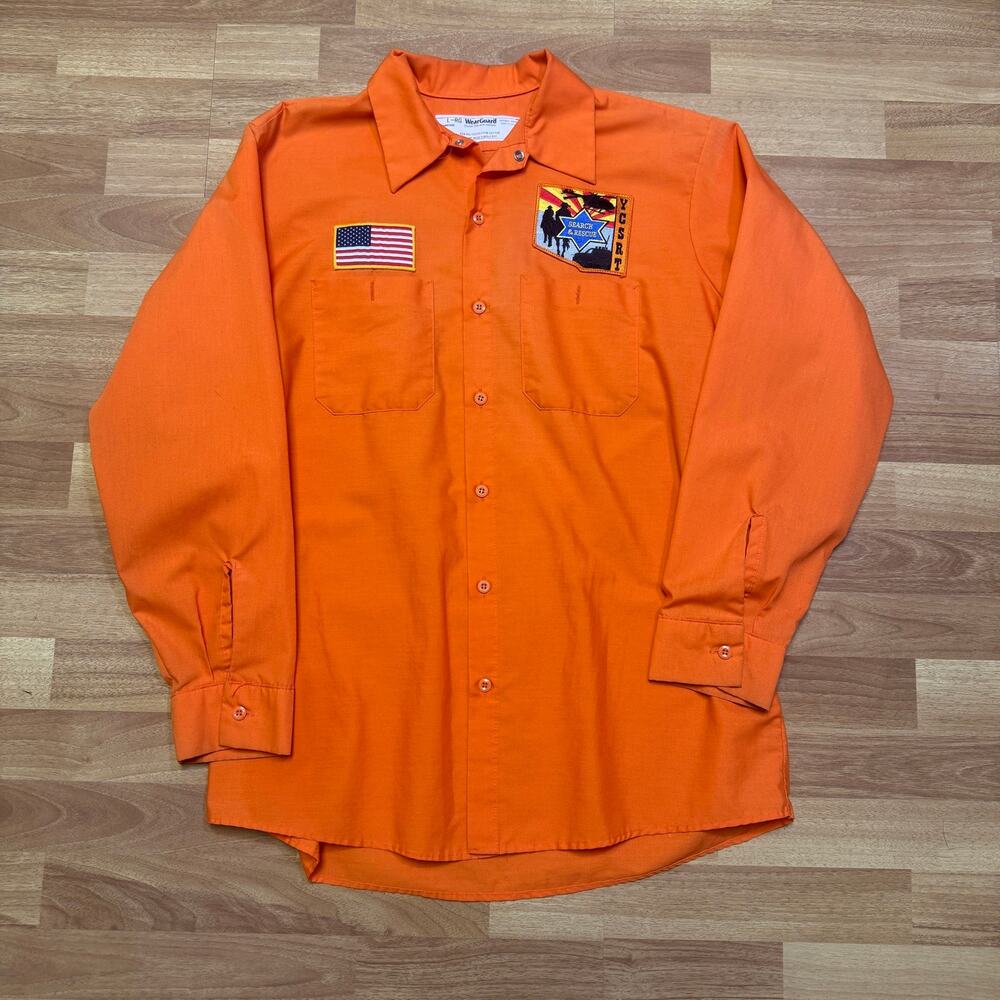 Men's Vintage WearGuard Arizona Search and Rescue Orange Button Up Shirt Sz L